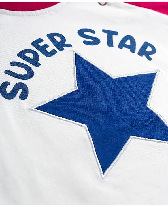 Babyhug Cotton Knit Full Raglan Sleeves T-Shirt & Pyjama Night Suit With Super Star Print - White