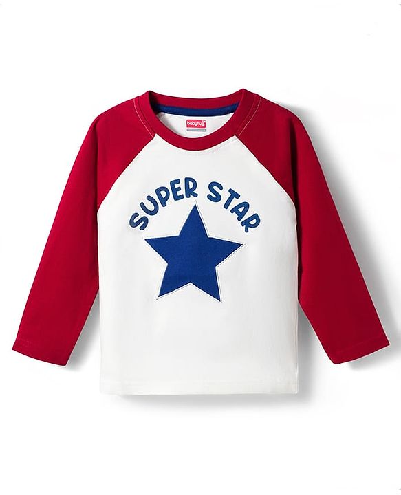 Babyhug Cotton Knit Full Raglan Sleeves T-Shirt & Pyjama Night Suit With Super Star Print - White