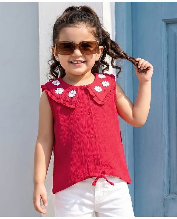 Babyhug 100% Cotton Crepe Woven Sleeveless Top with Floral Embroidery Detailing - Red