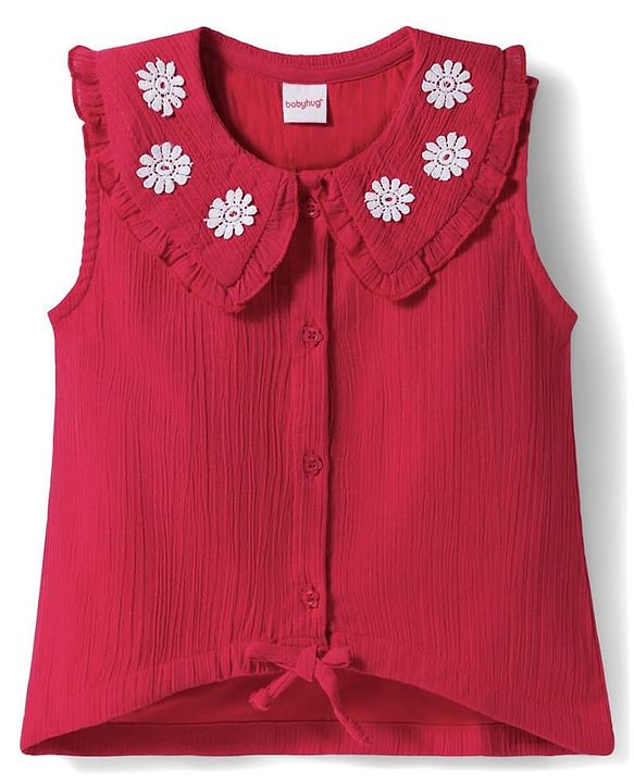 Babyhug 100% Cotton Crepe Woven Sleeveless Top with Floral Embroidery Detailing - Red