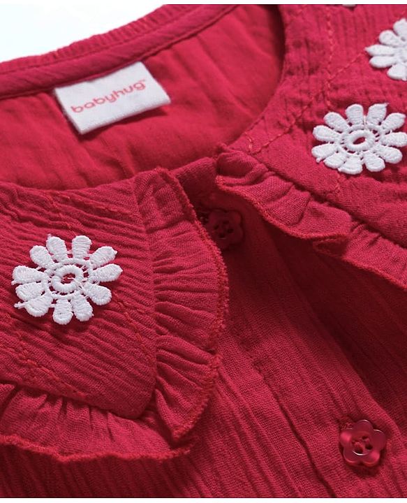 Babyhug 100% Cotton Crepe Woven Sleeveless Top with Floral Embroidery Detailing - Red