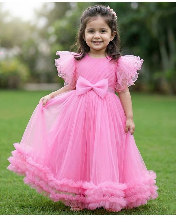 Babyhug Woven Frill Sleeves 5 Layer Party Gown with Sequin Detailing & Bow Applique - Light Pink
