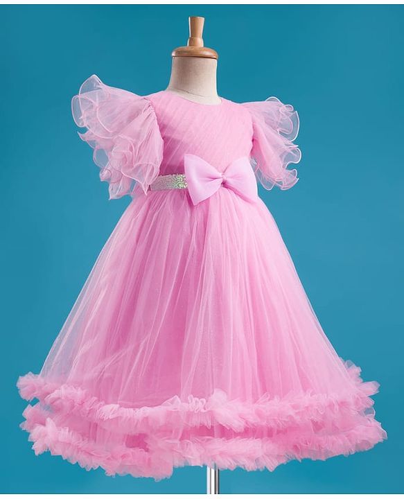 Babyhug Woven Frill Sleeves 5 Layer Party Gown with Sequin Detailing & Bow Applique - Light Pink