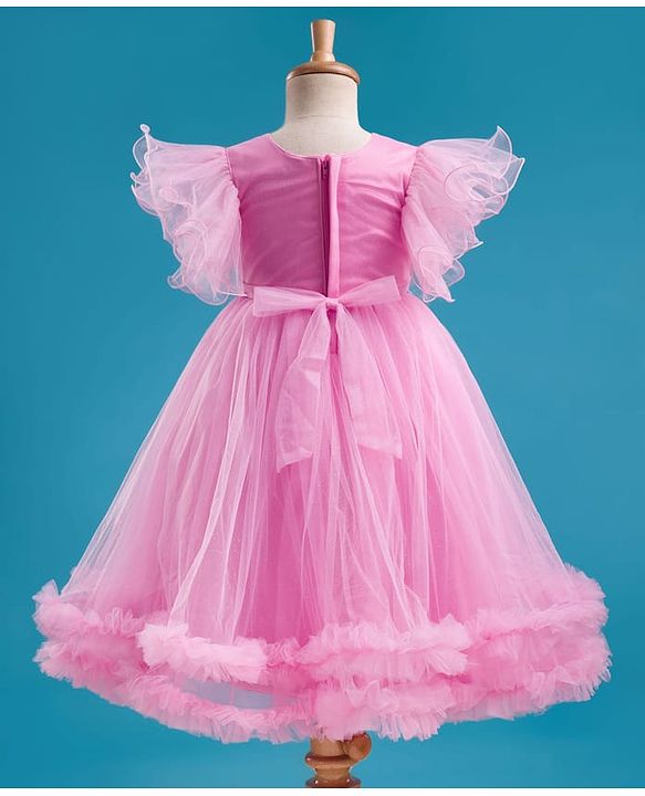 Babyhug Woven Frill Sleeves 5 Layer Party Gown with Sequin Detailing & Bow Applique - Light Pink