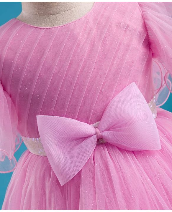 Babyhug Woven Frill Sleeves 5 Layer Party Gown with Sequin Detailing & Bow Applique - Light Pink