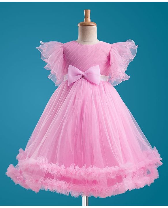Babyhug Woven Frill Sleeves 5 Layer Party Gown with Sequin Detailing & Bow Applique - Light Pink
