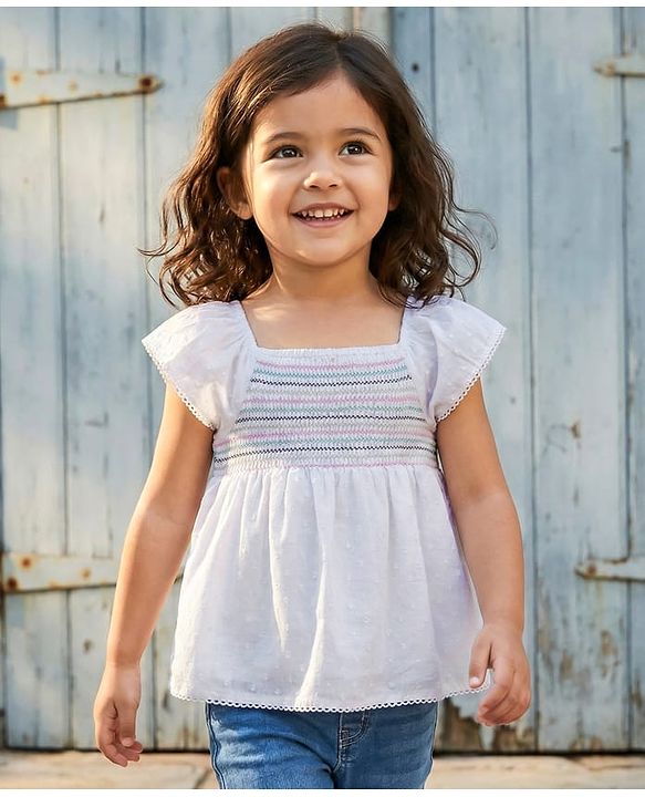 Babyhug Cotton Woven Swiss Dot Sleeveless Top with Smocking Detailing - White