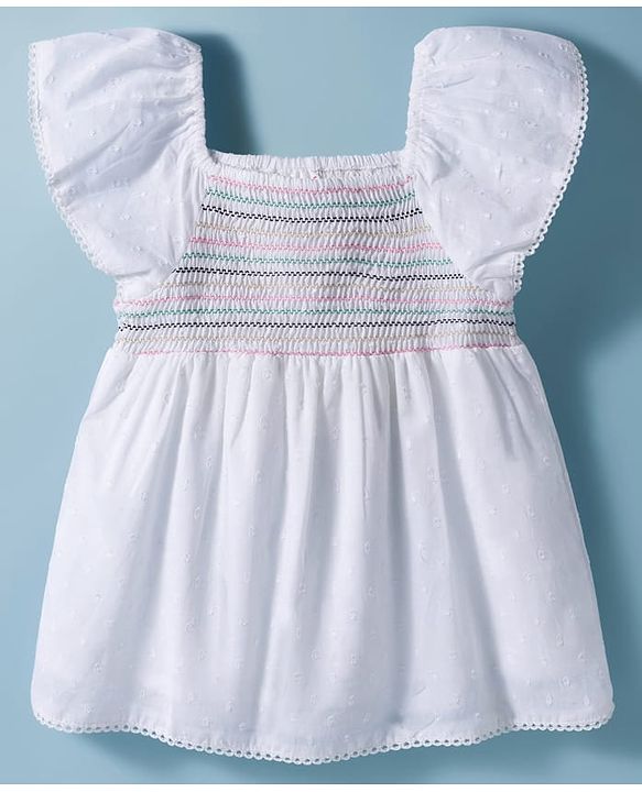 Babyhug Cotton Woven Swiss Dot Sleeveless Top with Smocking Detailing - White