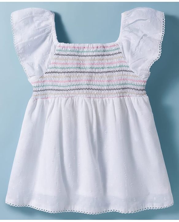 Babyhug Cotton Woven Swiss Dot Sleeveless Top with Smocking Detailing - White
