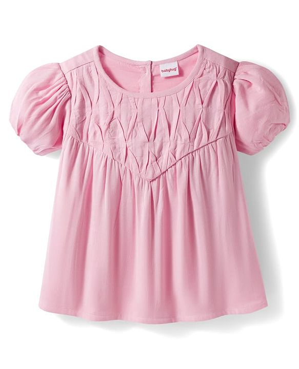 Babyhug Rayon Woven Half Puffed Sleeves Solid Colour Frock Style Top with Pleats Detailing - Pink