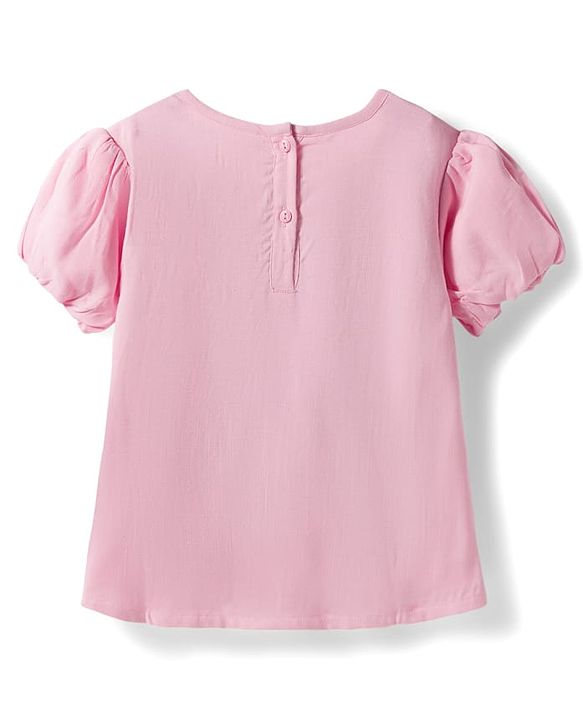 Babyhug Rayon Woven Half Puffed Sleeves Solid Colour Frock Style Top with Pleats Detailing - Pink