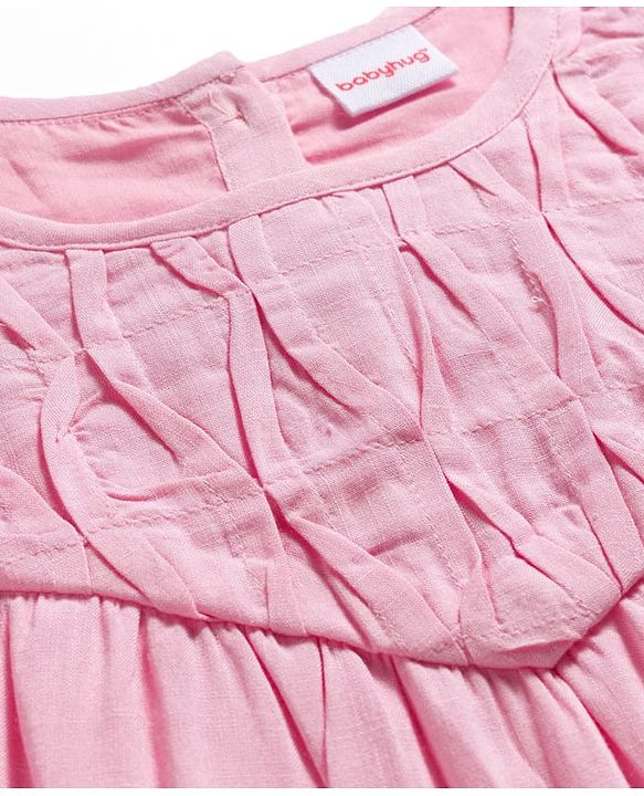 Babyhug Rayon Woven Half Puffed Sleeves Solid Colour Frock Style Top with Pleats Detailing - Pink
