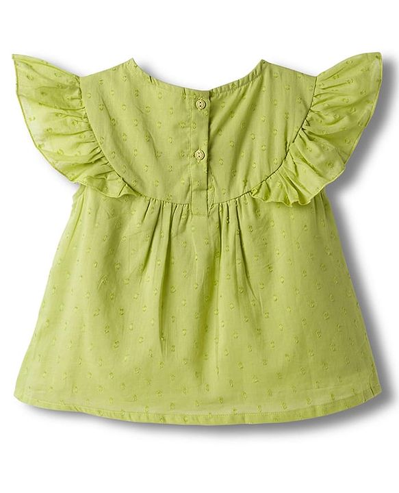 Babyhug Cotton Swiss Dot Woven Half Sleeves Floral Embroidered Top - Olive Green