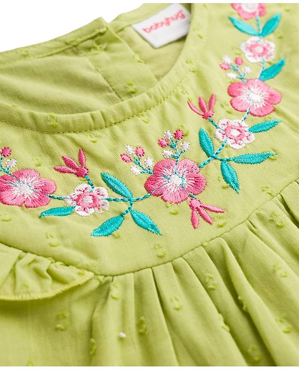 Babyhug Cotton Swiss Dot Woven Half Sleeves Floral Embroidered Top - Olive Green