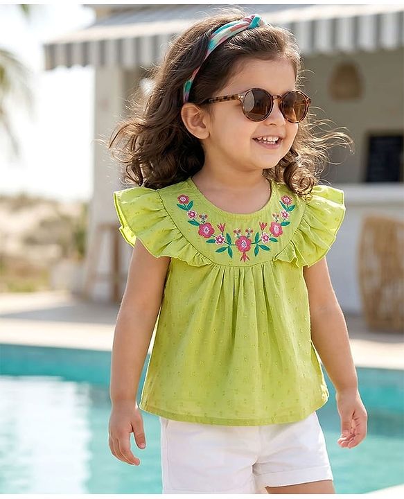 Babyhug Cotton Swiss Dot Woven Half Sleeves Floral Embroidered Top - Olive Green