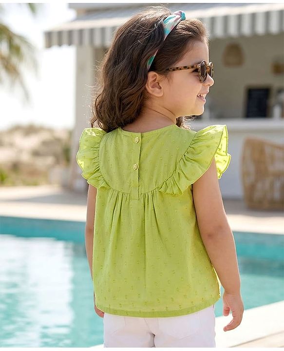 Babyhug Cotton Swiss Dot Woven Half Sleeves Floral Embroidered Top - Olive Green