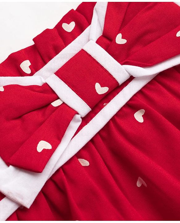 Babyhug Cotton Woven Sleeveless Heart Printed Top with Bow Applique - Red
