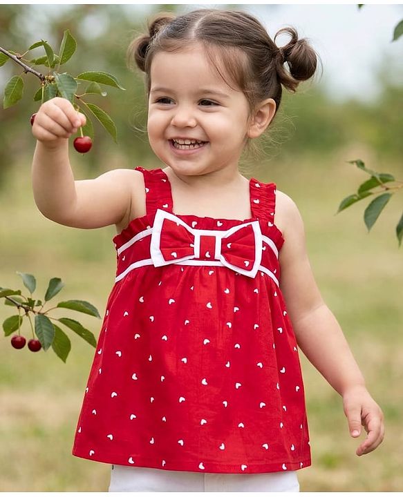 Babyhug Cotton Woven Sleeveless Heart Printed Top with Bow Applique - Red