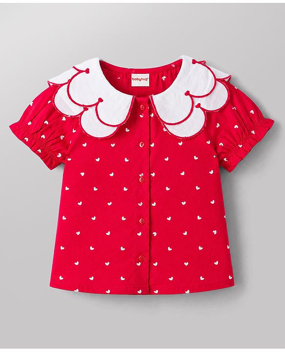 Babyhug Cotton Woven Top with All Over Heart Print Half Sleeves Peter Pan Collar Multi Color 6-9 Months