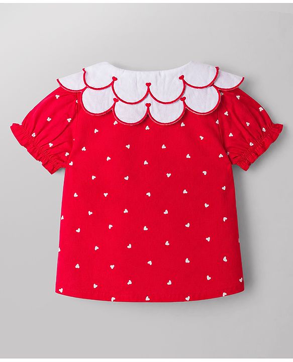 Babyhug Cotton Woven Top with All Over Heart Print Half Sleeves Peter Pan Collar Multi Color 6-9 Months