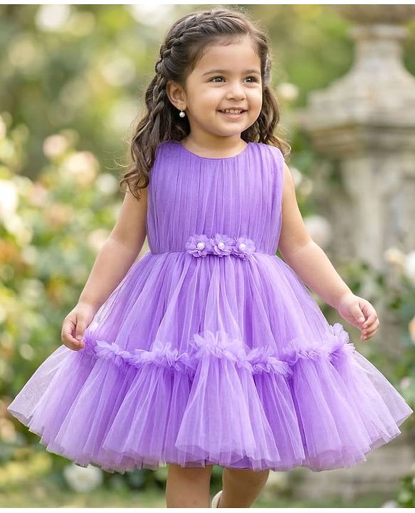 Babyhug Mesh Woven Sleeveless Party Dress With Floral Corsage & Yoke Pleating - Lavender
