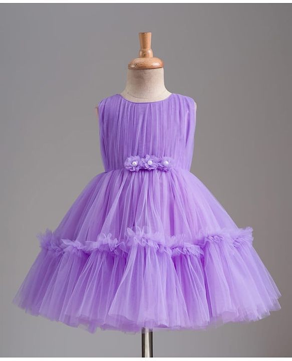 Babyhug Mesh Woven Sleeveless Party Dress With Floral Corsage & Yoke Pleating - Lavender