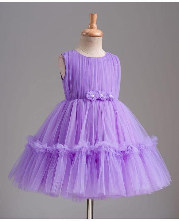 Babyhug Mesh Woven Sleeveless Party Dress With Floral Corsage & Yoke Pleating - Lavender