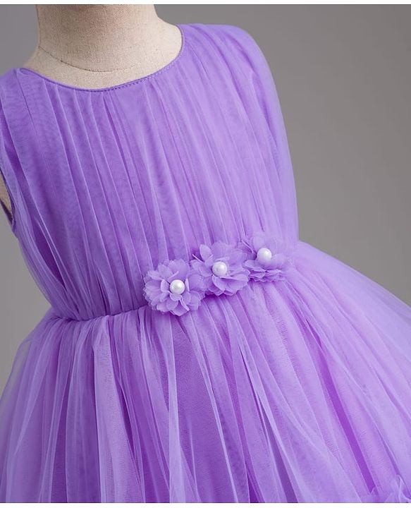 Babyhug Mesh Woven Sleeveless Party Dress With Floral Corsage & Yoke Pleating - Lavender