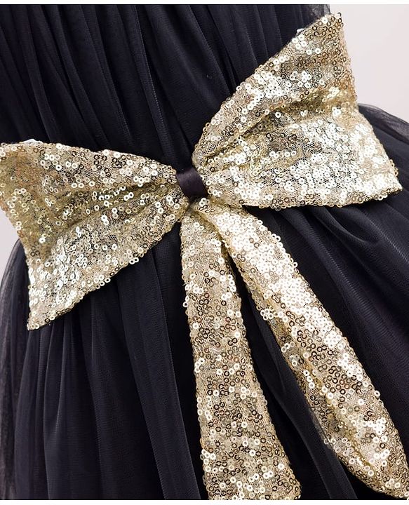 Babyhug Mesh Woven Sleeveless Solid Colour Party Dress with Sequined Bow Detailing - Black