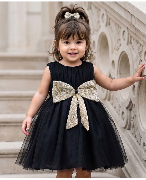 Babyhug Mesh Woven Sleeveless Solid Colour Party Dress with Sequined Bow Detailing - Black