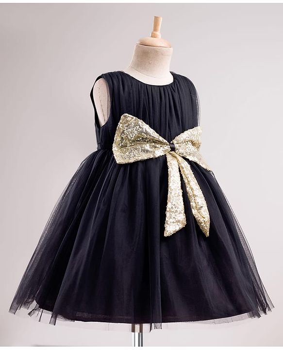 Babyhug Mesh Woven Sleeveless Solid Colour Party Dress with Sequined Bow Detailing - Black