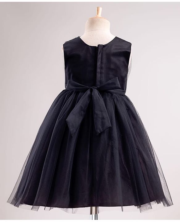 Babyhug Mesh Woven Sleeveless Solid Colour Party Dress with Sequined Bow Detailing - Black