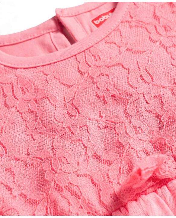 Babyhug Single Jersey Knit Half Sleeves Frock with Bow Applique & Embroidery - Coral