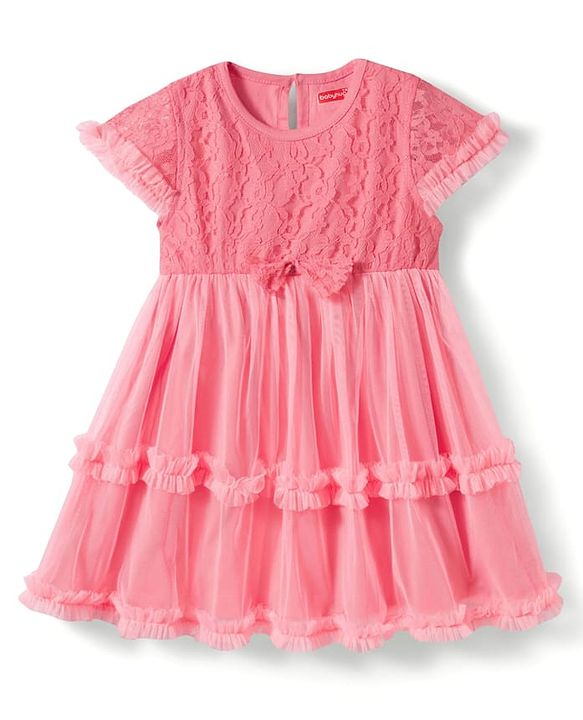 Babyhug Single Jersey Knit Half Sleeves Frock with Bow Applique & Embroidery - Coral