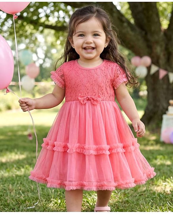 Babyhug Single Jersey Knit Half Sleeves Frock with Bow Applique & Embroidery - Coral