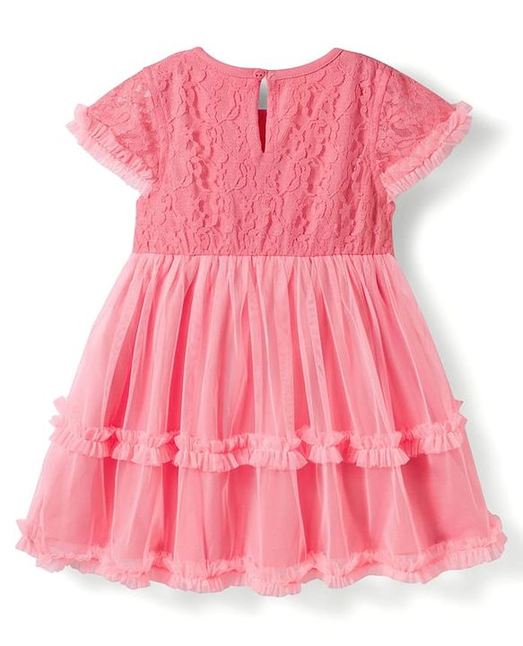 Babyhug Single Jersey Knit Half Sleeves Frock with Bow Applique & Embroidery - Coral