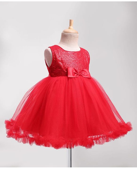 Babyhug Woven Sleeveless Party Dress with Sequin Yoke & Bow Applique - Red