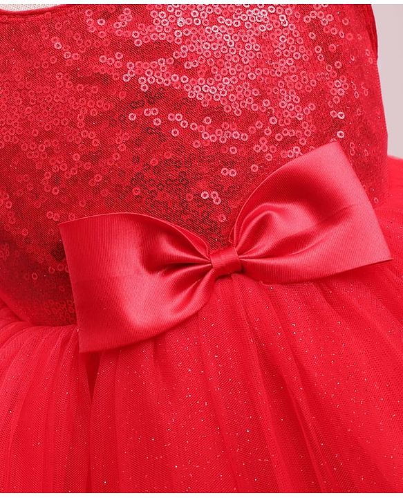 Babyhug Woven Sleeveless Party Dress with Sequin Yoke & Bow Applique - Red