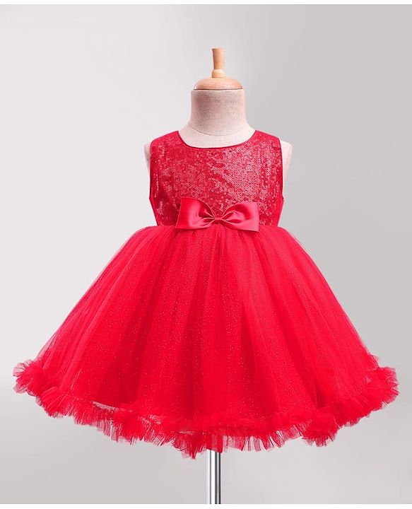 Babyhug Woven Sleeveless Party Dress with Sequin Yoke & Bow Applique - Red