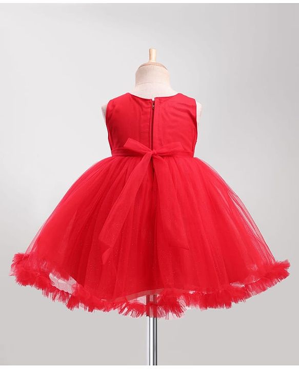 Babyhug Woven Sleeveless Party Dress with Sequin Yoke & Bow Applique - Red