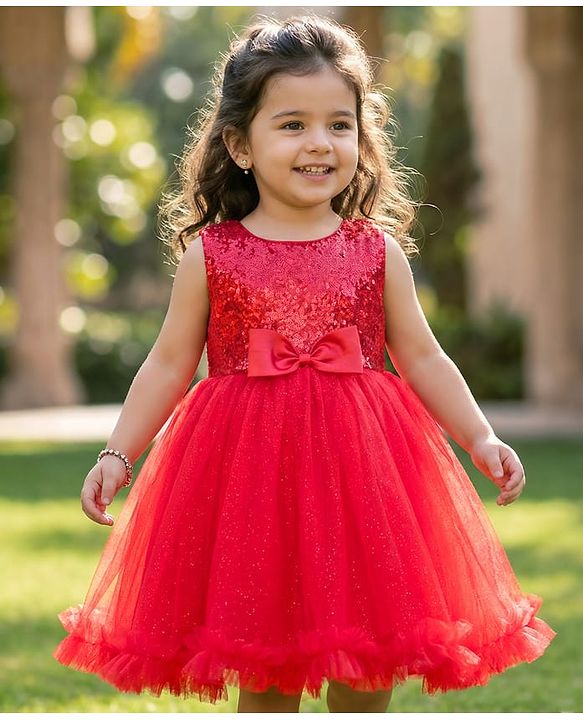 Babyhug Woven Sleeveless Party Dress with Sequin Yoke & Bow Applique - Red