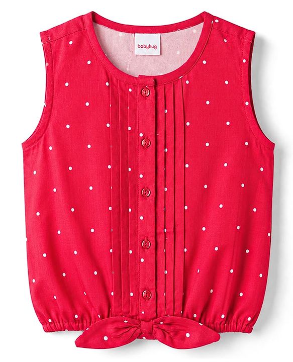 Babyhug 100% Cotton Woven Top Sleeveless with Knot Detailing & All Over Polka Dot Print Multi Color 6-9 Months