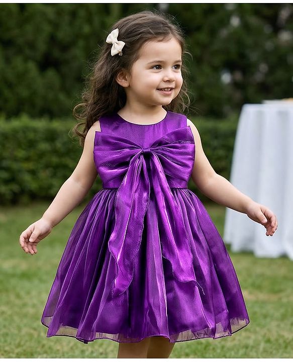 Babyhug T-issue Woven Sleeveless Solid Colour Fit & Flared Party Dress with Bow Applique - Purple