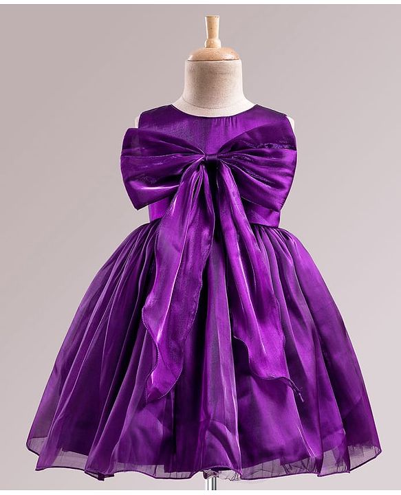 Babyhug T-issue Woven Sleeveless Solid Colour Fit & Flared Party Dress with Bow Applique - Purple