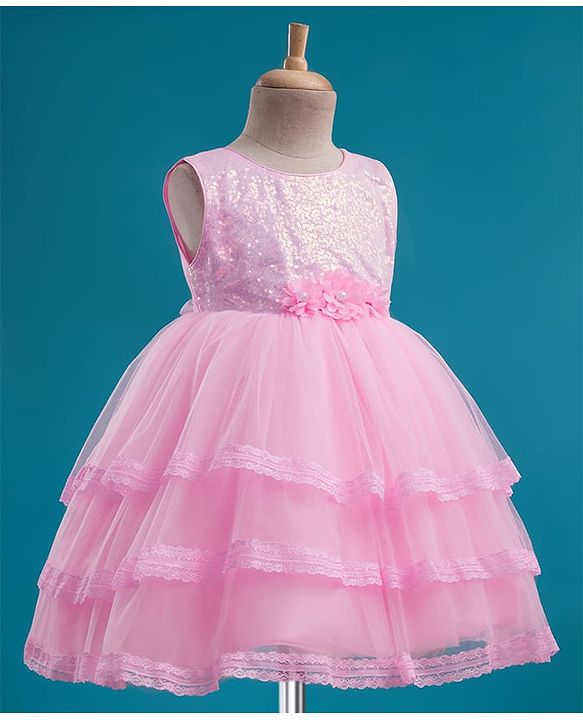 Babyhug Mesh Woven Sleeveless Embellished Sequins on Yoke Party Dress with Lace Detailing & Floral Corsage - Light  Pink