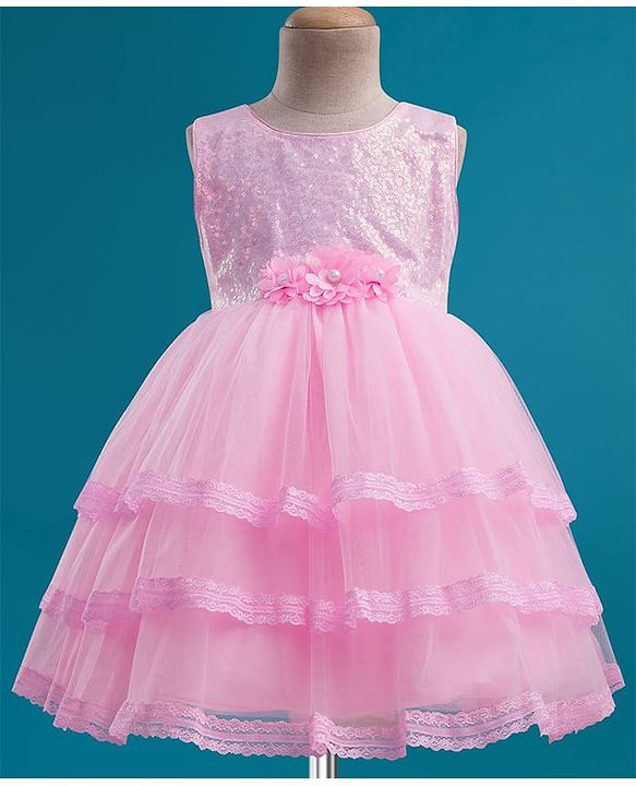 Babyhug Mesh Woven Sleeveless Embellished Sequins on Yoke Party Dress with Lace Detailing & Floral Corsage - Light  Pink