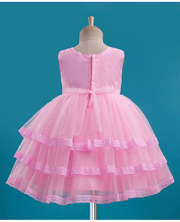 Babyhug Mesh Woven Sleeveless Embellished Sequins on Yoke Party Dress with Lace Detailing & Floral Corsage - Light  Pink