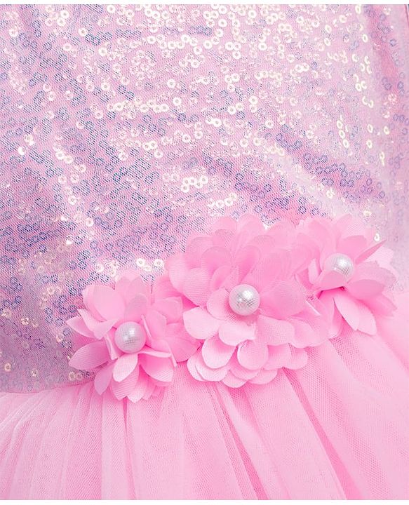 Babyhug Mesh Woven Sleeveless Embellished Sequins on Yoke Party Dress with Lace Detailing & Floral Corsage - Light  Pink