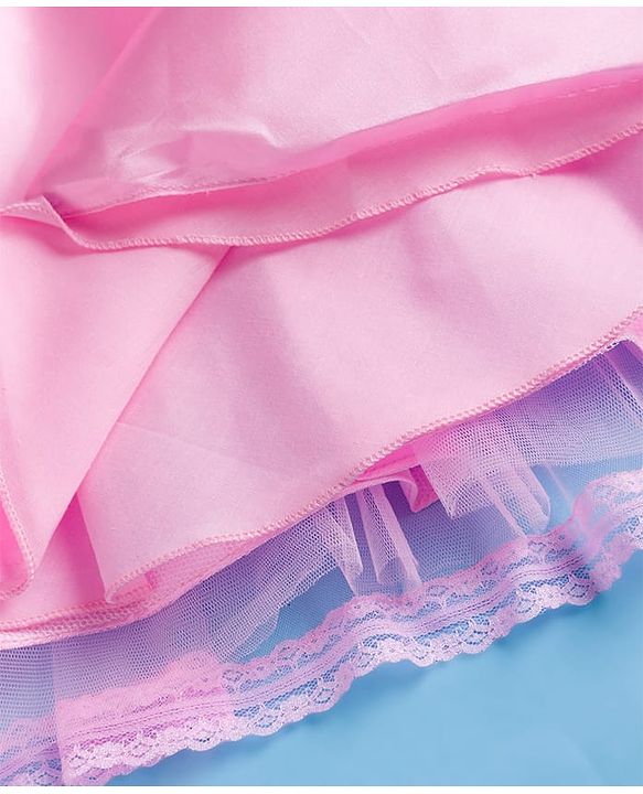 Babyhug Mesh Woven Sleeveless Embellished Sequins on Yoke Party Dress with Lace Detailing & Floral Corsage - Light  Pink