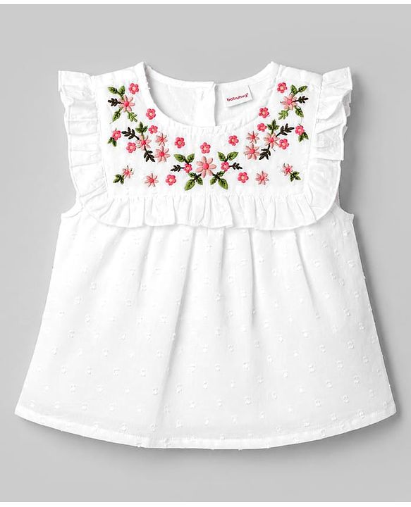 Babyhug 100% Cotton Swiss Dot Woven Frill Sleeves Floral Embroidered Top With Schiffli Detailing - Multicolor